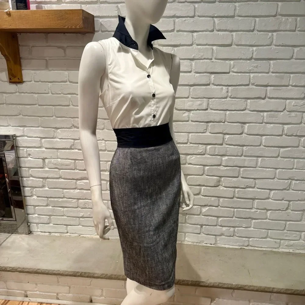 Black White Colorblock Sheath Dress Sleeveless Collared Pencil Dress Work Office